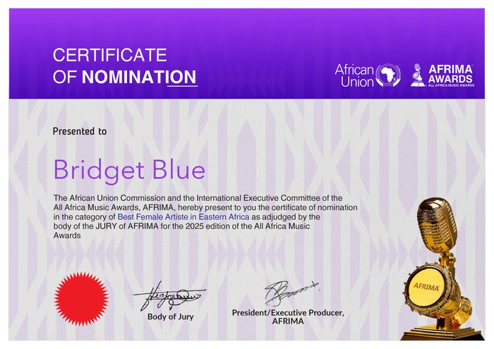 AFRIMA 2025 Certificate of Nomination for Bridget Blue